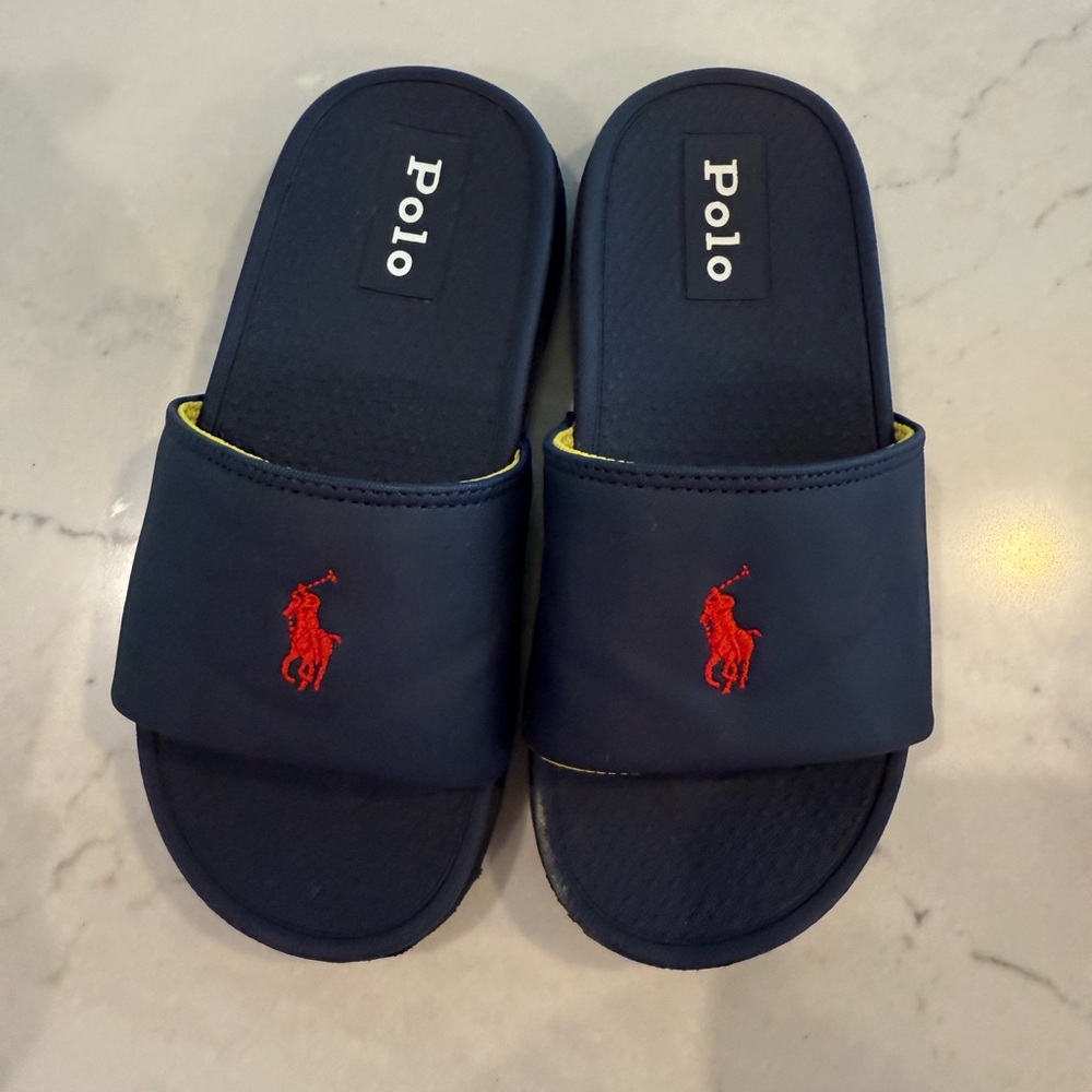 Polo Navy Slide Sandals with Red Logo